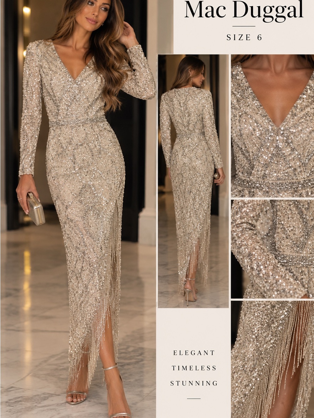 Mac Duggal Champagne Sequin Fringe Long Sleeve Evening Gown